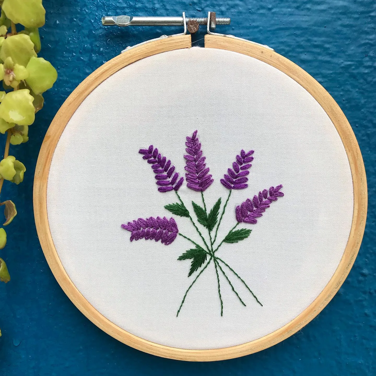 Embroidered lavender on a 6 embroidery hoop